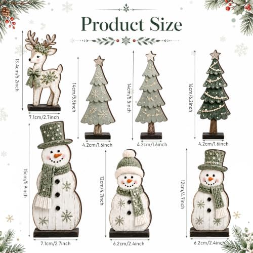 7 Pcs Christmas Table Decor Wooden Snowman Tree Deer Decor, Sage Green