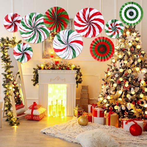 Outus 18 Pcs Christmas Hanging Decorations Candy Paper Fans Peppermint