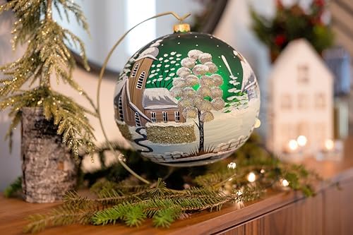 Hand Blown Glass Christmas Ornaments Ball, Chapel Green 8 in + Stand