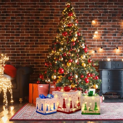 DomKom Set of 3 Lighted Gift Boxes, 60 LED Light Up Nesting Boxes with Metal Frame, Reindeer & Snowflake Design for Xmas Tree Party Indoor Outdoor Holiday Decorations