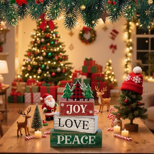 Lineshading 4 Pcs Christmas Table Decor Christmas Tree Block Signs Joy Love