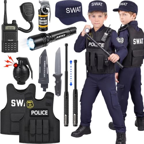 YADIYA Halloween SWAT Police Costume for Kids Boys Cop Costume Swat Vest
