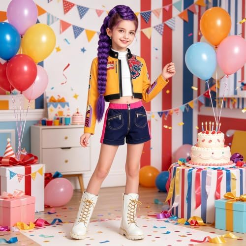 Pop Singer Costume Golden Kids Girls Halloween Outfit with Braid Stickers