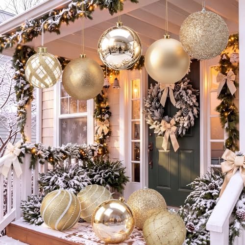 Lyrow 8 Pcs Champagne Large Christmas Ball Ornament 6 Inch Hanging Ornament