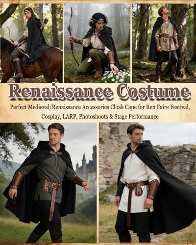 kasahara Renaissance Hooded Cloak Medieval Costume Accessories for Men Women Halloween Costume Cape Belt Pouch Bracers