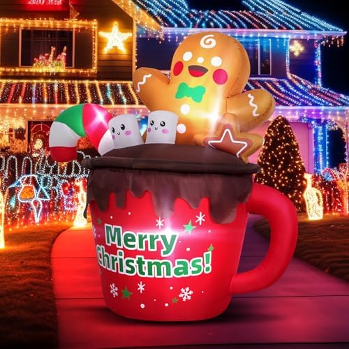 6FT Christmas Inflatables Outdoor Decorations, Gingerbread Christmas Inflatable Hot Cocoa Mug with Built-in LEDs Blow Up Christmas Decoration for Garden Lawn Yard Patio Xmas Inflatable