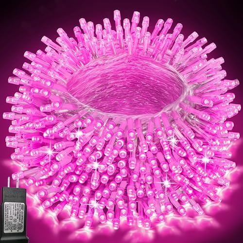 Pooqla 200 LED String Lights Indoor Outdoor, 66 ft Pink Christmas Lights Plug in with Timer, Connectable 8 Modes Waterproof Clear Wire Twinkle Fairy Lights for Halloween Xmas Tree Yard Wedding Decor