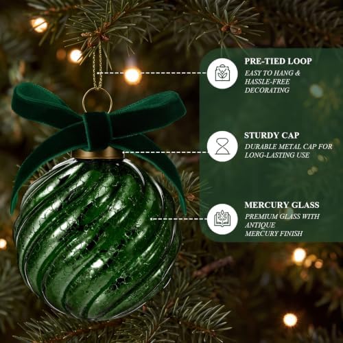 Syhood 18 Pcs Dark Green Christmas Mercury Glass Balls Ornaments, 6 Styles