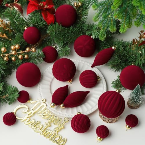 52pcs Velvet Christmas Ball Ornaments, Burgundy Flocked Shatterproof Christmas Tree Decorations Hanging Xmas Decorative Ornaments Set for Home Party Holiday Decor（Burgundy）