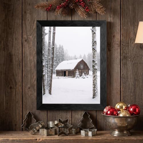 Framed Barn Canvas Wall Art, Winter Landscape, Black Frame Inch 12x16