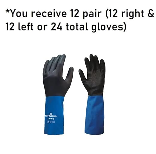 SHOWA CHM Neoprene Over Natural Rubber Latex Chemical Resistant Safety Glove with Cotton Flock Liner, Food Safe, 26 Mil Thick, 12" Length, X-Large (12 Pair)