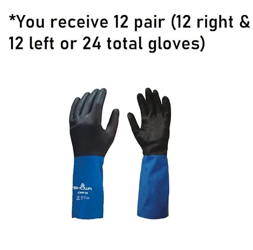 SHOWA CHM Neoprene Over Natural Rubber Latex Chemical Resistant Safety Glove with Cotton Flock Liner, Food Safe, 26 Mil Thick, 12" Length, Large (12 Pair)