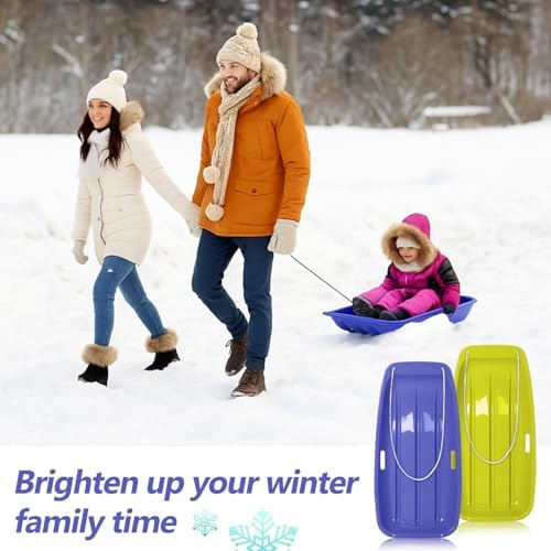 Poen 2 Pcs Plastic Snow Sled 35" Downhill Sprinter Winter Toboggan Sled Board with Pull Rope and Handles Snow Sleds for Kids Adults Downhill Sledding Sleigh Sand Board Sleigh
