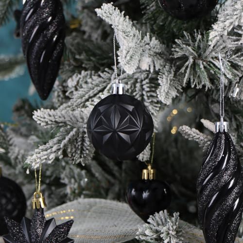 82Pcs Christmas Tree Ornaments Set,Shatterproof Christmas Decorations for Tree Assorted Plastic Craft Baubles Snowflake Ball Ornaments with Durable String for Holiday Party Decor (Black)