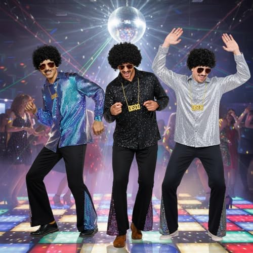 Mepase 6 Pcs Men 70s Disco Outfit Bell Bottom Pants Wig