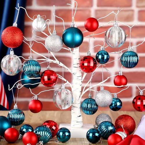 Lunmon 64 Pcs Red Blue and Silver Christmas Ornaments Patriotic Xmas Balls