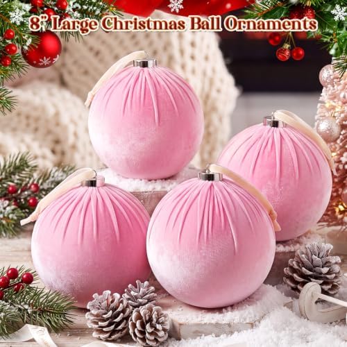 Weysat 6 PCS 8" Extra Large Velvet Christmas Ball Ornaments, Pink