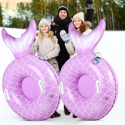 Soulchen 2 Pack Inflatable Snow Tube 36" Snow Sled for Kids Heavy Duty Thickened Bottom Sled for Winter with Sturdy Handles Durable Winter Toys for Outdoor Sledding Tube