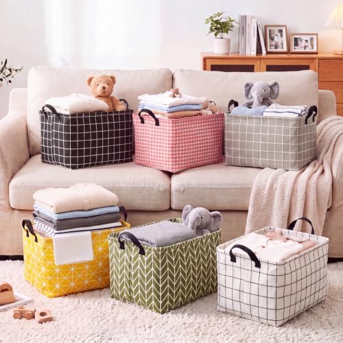 CHENGU 6 Pack Storage Baskets with Handle Back to School Foldable Baskets for Shelves Classroom Plaid & Geometric Storage Bin Large Collapsible Canvas Bin for Closet Nursery Home Organization 6 Colors