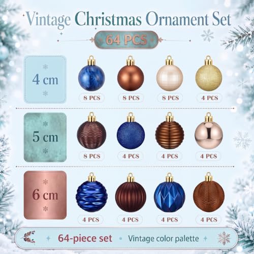 Lunmon 64 Pcs Vintage Christmas Ornament Royal Blue Bronze Champagne Gold
