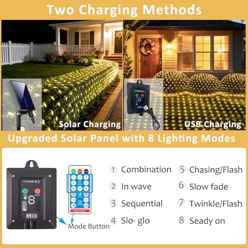 10ft x 10ft Solar Net Lights, 280LED Gazebo Mesh Lights Solar & USB Powered, Waterproof Netting Lights 8 Modes Clear Wire for Bushes Patio Garden Christmas Holiday Party Outdoor Decor (Warm White)