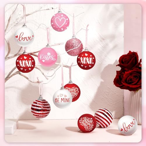 Outus 16 Pcs Valentine's Day Tree Ornaments Ball Vintage Happy Valentine's Day Decorations for Tree Red and Pink Love Kisses Xoxo Pattern Hanging Ornaments Home Farmhouse Holiday Fireplace Party Decor
