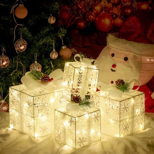 Set of 4 Christmas Lighted Gift Boxes, White Snowflake Holiday Decor