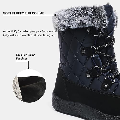 JSWEI Winter Boots for Women - Soft Comfortable Faux Fur Mid Calf Winter Snow Boots Totes Boots Lace up Snow Boots Winter Boots with Insulated Black for Outdoor