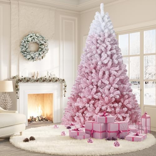 GarveeHome 7.5 ft Prelit Artificial Christmas Tree with 450 RGB & Warm White Lights, Pre-Lit Snow Flocked Christmas Tree, Foldable Base,Holiday Decoration for Home, Office, Party,Pink Gradient