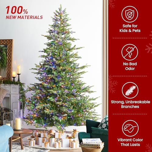 Glitzhome Artificial Christmas Tree, 9ft Vibrant Evergreen Fir Christmas Trees Prelit with 2,000 Warm White/Multi-Color Lights, 9 Function w/Foot Pedal and Remote Control, Easy Assembly
