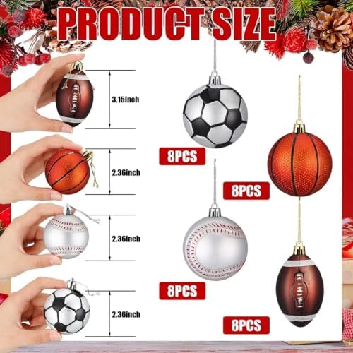 Syhood 64 Pcs Christmas Sport Ball Ornaments Tree Decor with Hanging Loop
