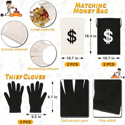 QZYL 12 PCS Robber Costume, Unisex Thief Cosplay Set T-Shirt Beanie Cap Gloves Eye Masks Money Bags for Halloween Costume