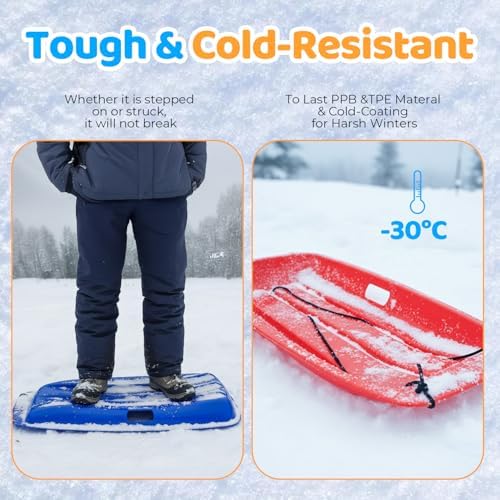 Snow Sled for Kids: 35", Cold-Resistant, Anti-lateral Drift, Included Rope, One Handle per Side, Fast, Stable, Stackable, Easy to Carry, Toboggan Sleds for Snow Days