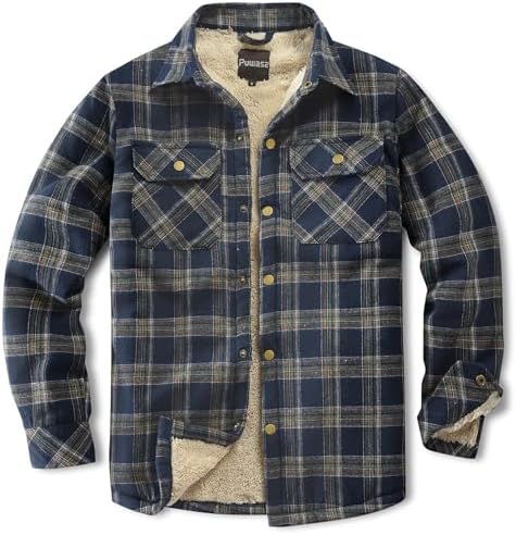 Men's Sherpa Cotton Flannel Shirt Jacket Plaid Button Coat Pocket