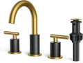 FORIOUS Black and Gold Bathroom Faucet 3 Hole with Pop Up Drain and 24 in Supply Line, 2 Handle Modern Bathroom Vanity Faucet Widespread 8 inch with 360 Degree Swivel Gooseneck, for 6" to 12" Basin