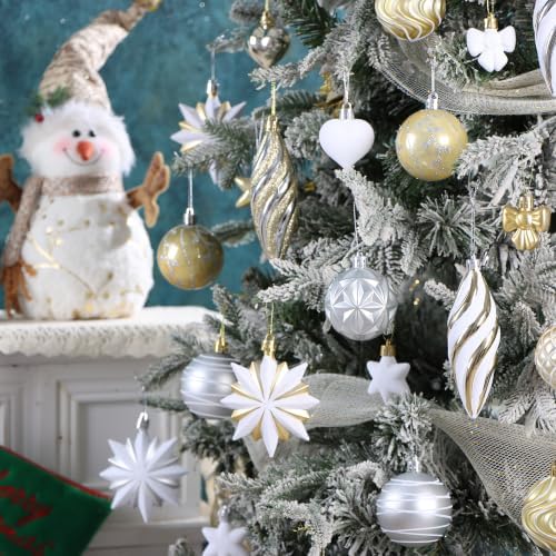 82Pcs Christmas Tree Ornaments Set,Shatterproof Christmas Decorations for Tree Assorted Plastic Craft Baubles Snowflake Ball Ornaments with Durable String for Holiday Party Decor (Gold & White)