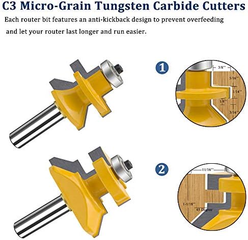 TAIWAIN 1/2-Inch Shank Tongue Groove Flooring Router Bit Set, V-Notch Wainscotting Wood Cabinet Milling Router Bits Sets Cutter, Woodworking Miter Carbide CNC Cutting Tool for Doors,Tables(2)