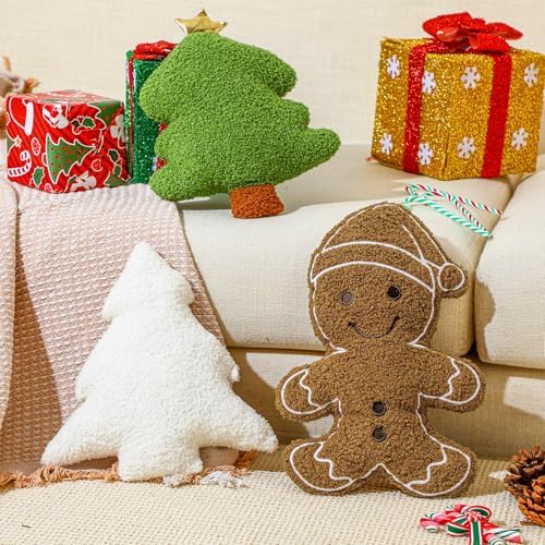 Konohan 3 Pcs Christmas Gingerbread Pillows Green Vintage Tree Man Plush