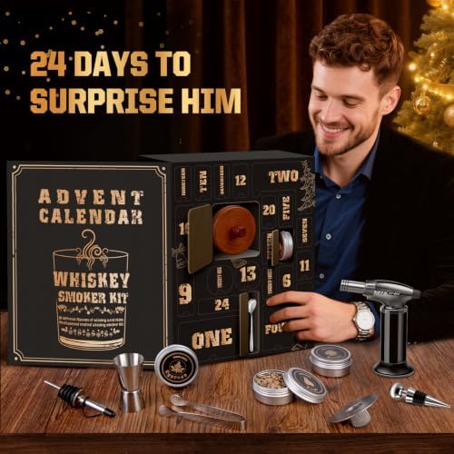 Whiskey Advent Calendar 2026 for Men, 24 Day Bourbon Smoker Infuser Kit for Cocktail and Whisky Lovers, Perfect Christmas for Husband, Dad, Boyfriend, Him(NO Butane, Glass)