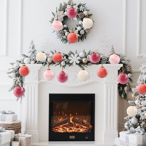 Liliful 12 Pcs Extra Large Velvet Christmas Balls Velvet Ornaments for Christmas Tree Flocked Shatterproof Xmas Tree Balls Bulk for Holiday Party Xmas Trees Hanging Decorations(4 Inch,Pink)