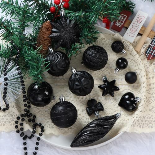 82Pcs Christmas Tree Ornaments Set,Shatterproof Christmas Decorations for Tree Assorted Plastic Craft Baubles Snowflake Ball Ornaments with Durable String for Holiday Party Decor (Black)