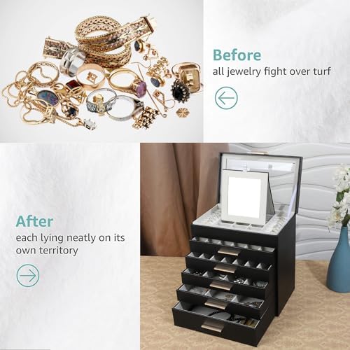 BOOVO Jewelry Boxes for Women, White and Black 6 Layer Large Jewelry Box for Necklace, Bracelet, Earrings, Rings Storage, Jewelry holder Organizer for Girls Gift (Clear Black, 6 layer)