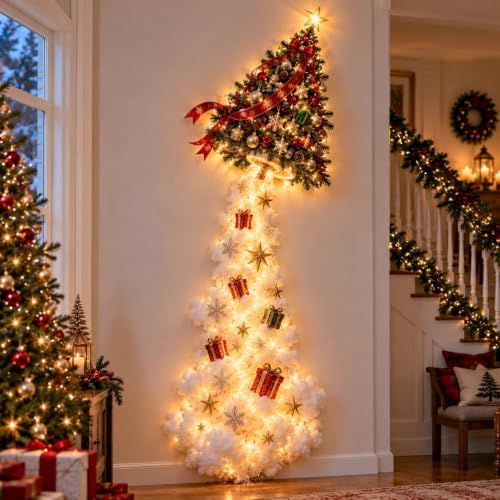 Christmas Magic Trail Wall Light -3D LED Glowing Christmas Scene Wall Decoration, Santa Sleigh Reindeer Hanging Decoration Indoor Holiday Decor for Living Room, Festive Xmas Gift，Christmas Tree