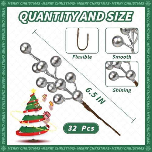 LLZLL 32 Pack Christmas Picks Artificial Christmas Tree Berries 6.5 Inch Holly Berry Stems for Winter Xmas Holiday DIY Ornaments（Silvery）