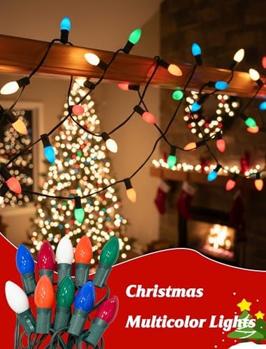 SUNSGNE C7 LED Christmas Lights Outdoor, 25FT Vintage Colored Christmas Lights with 25 C7 LED Shatterproof Plastic Multicolor Bulbs for Patio Backyard Porch Balcony Gazebo Party Decor, Green Wire