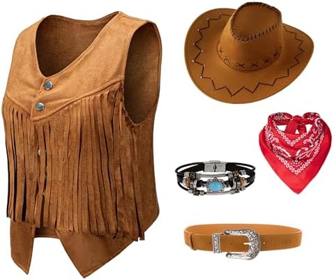 Women Cowgirl Costume Western Vest Hat Belt Set for Cowgirl Cowboy Halloween Cosplay