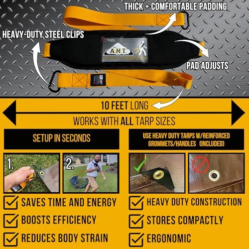 Leaf Collector Lawn Bundle - Padded Tarp Strap + Heavy Duty 8x10 Waterproof Tarp for Leaf and Lawn Waste, Hunting Sled Deer Drag Strap, Snow Removal, For use with Blower, Yard Vacuum, Mulcher, Sweeper