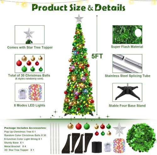 N&T NIETING Pop Up Christmas Tree with Lights & 30 Balls, 5Ft Collapsible Green Tinsel Christmas Tree Decoration for Holiday Xmas Home Office Decor