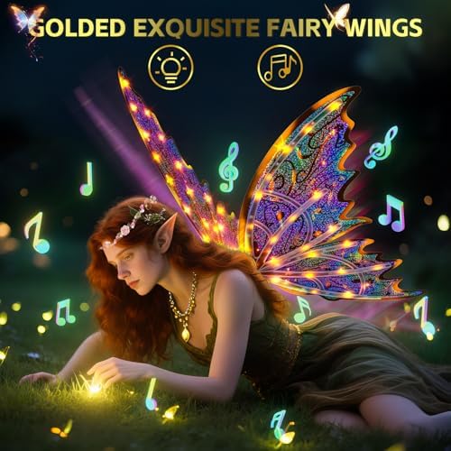 maysida Gold Fairy Wings for Kids and Girls, Light-up Electric Sparkling Wings Princess Halloween Set with Wand, Crown, Butterfly Wings – Ideal for Cosplay, Party, Birthday, Christmas