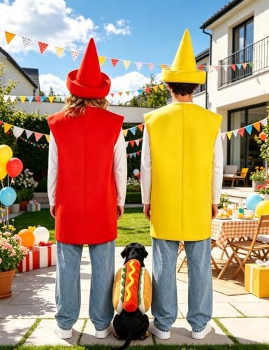 Ketchup Mustard and Hot Dog Costume Adult Set 5PCS Funny Food Tunic Outfits for Couples Family Halloween Party Cosplay